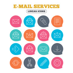 Mail services icons. Send mail, paper clip and download arrow symbols. Scissors, pencil and refresh thin outline signs. Receive, select and delete mail. Flat speech bubbles with linear icons. Vector