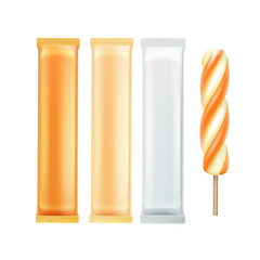 Vector Set of Orange Caramel Spiral Popsicle Lollipop Ice Cream Fruit Juice Ice on Stick with Orange White Plastic Foil Wrapper for Branding Package Design Close up Isolated on Background