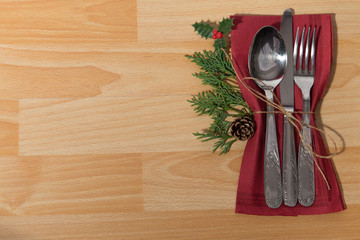 Christmas table place setting. Holidays background