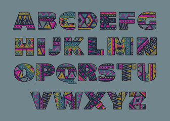 Vector set of ornate capital letters with abstract ethnic patterns.