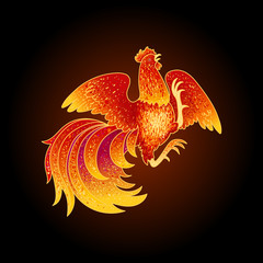 2017, the Year of the Fire Rooster in Chinese Horoscope. Red and gold colors, symbol of new year. Fire element. Hand drawn sketchy cartoon clip-art, illustration, isolated on black