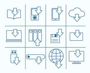 Different downloading devices thin line icon set. Vector illustration