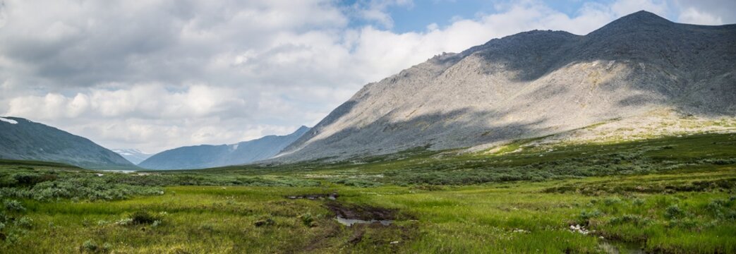 meadow in front of Ural mountain ridge