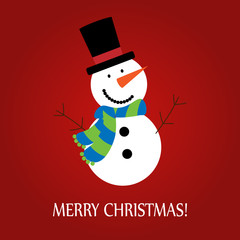 Vector illustration of a snowman on a red background with text Merry Christmas!