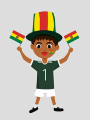 Fan of Bolivia national football team, sports. Boy with flag in the colors of the national command with sports paraphernalia.