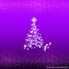 Abstract lilac background with christmas tree, waves and lights. Vector illustration.
