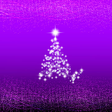 Abstract lilac background with christmas tree, waves and lights. Christmas illustration.