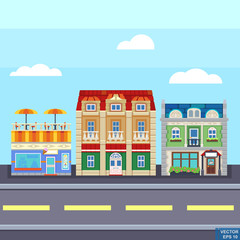 Small town urban landscape in flat design style, vector illustration. buildings, street ice cream shop, coffee cafe