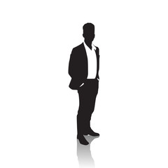Business Man Black Silhouette Standing Full Length Over White Background Hands In Pockets Vector Illustration