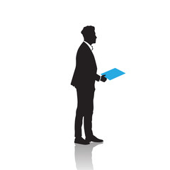 Business Man Black Silhouette Standing Full Length Over White Background Hold Folder Vector Illustration