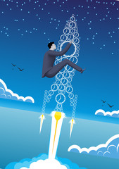 Power of time business concept. Confident businessman in business suit with flying up the rocket made of clocks. Power of time, time to success conversion.