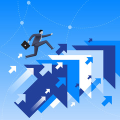Running up to success business concept. Confident businessman in business suit with case in his hand running up jumping from one flying arrow to another. Successful career, successful investment.