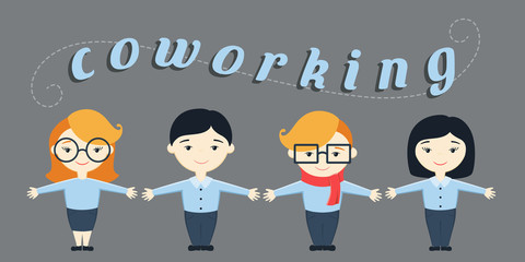 Vector illustration of four office workers and text 