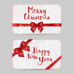 Fototapeta na wymiar Set of Christmas ornamental Card Templates with Shiny holiday red satin ribbon bow on white lacy background. Vector New Year template for greetings, invitations, cards, vouchers, gift cards