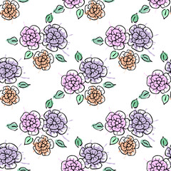 Seamless vector hand drawn seamless floral  pattern. Colorful Background with flowers, leaves. Decorative graphic vector drawn illustration. Line drawing