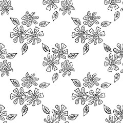 Seamless vector hand drawn seamless floral  pattern. Background with flowers, leaves. Decorative graphic vector drawn illustration. Line drawing