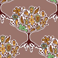 Seamless pattern, vector hand drawn repeating illustration, decorative ornamental stylized endless trees Abstract seamles graphic illustration Artistic hand drawing silhouette on the brown background