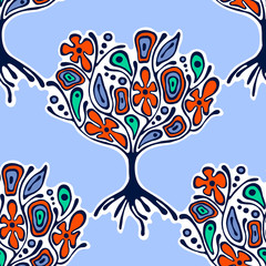 Seamless pattern, vector hand drawn repeating illustration, decorative ornamental stylized endless trees Abstract seamles graphic illustration Artistic hand drawing silhouette on the blue background