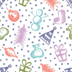 Foto op Plexiglas Seamless vector pattern with cute hand drawn fir trees, snowmen, gifts, christmas toys, snowflakes. Colorful seasonal winter background on the checkered paper Graphic illustration. © Valentain Jevee