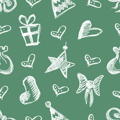 Seamless vector pattern with cute hand drawn fir trees, gifts, hearts, bows, christmas toys. Green and white seasonal winter background on the checkered paper Graphic illustration.