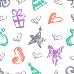Seamless vector pattern with cute hand drawn fir trees, gifts, hearts, bows, christmas toys. Colorful seasonal winter background on the checkered paper Graphic illustration.