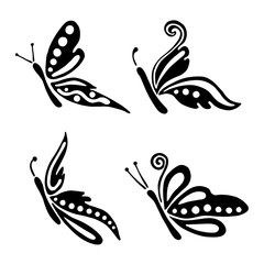 Set of vector black and white  illustration of insect. Butterfly isolated on the white background. Hand drawn decorative graphic vector logo, icon, sign, symbol, illustration, tattoo.
