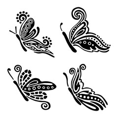 Obraz premium Set of vector black and white illustration of insect. Butterfly isolated on the white background. Hand drawn decorative graphic vector logo, icon, sign, symbol, illustration, tattoo.