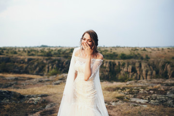 Fototapeta na wymiar beautiful bride in a white dress walking on the field