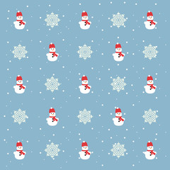 Christmas vector pattern. Snowman and snowflakes on a blue background