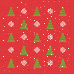 Red Christmas pattern with snowflakes, snow and Christmas trees