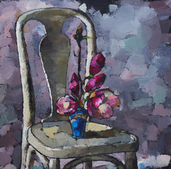 Oil painting still life with  purple  magnolia flowers On  Canvas with  texture  in the grayscale - 128652818