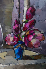 Oil painting still life with  purple  magnolia flowers On  Canvas with  texture  in the grayscale - 128652885