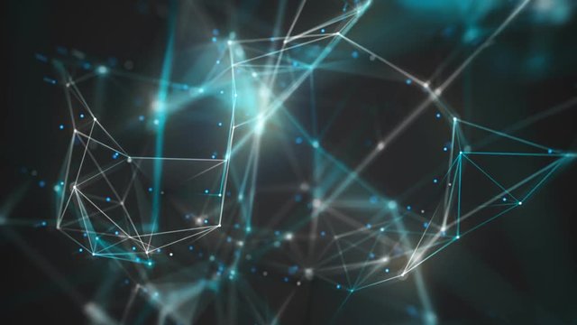 Network Connection Cloud Loop 6B: dark background, rotating flickering cool blue light mesh cloud of connections with white lines and dots with depth-of field effect, FullHD and seamlessly loopable 