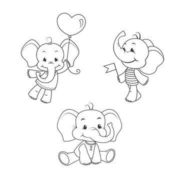Baby elephant outline characters set