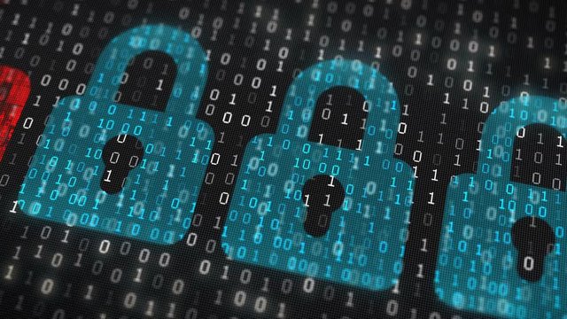 Digital Security Loop 1B: dark binary background with secure safe cloud data blue padlocks and one unsecured open unsafe padlock in red, UltraHD and FullHD and seamlessly loop-able