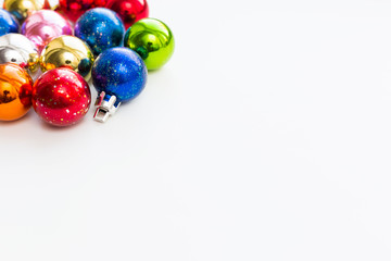 Christmas and New Year background with colorful decorative balls for Christmas tree. Place for text.