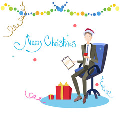 Business Man In Chair Hold Contract Celebrate Merry Christmas And Happy New Year Santa Hat Flat Vector Illustration