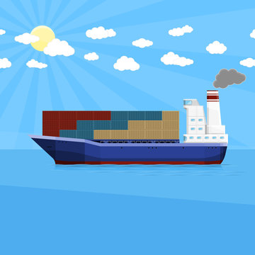 Cargo ship with intermodal containers. Maritime transport delivery. Flat vector illustration 10 EPS