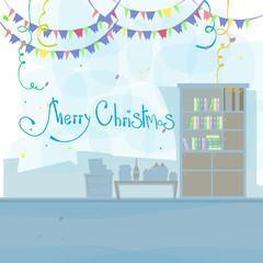 Office Interior Merry Christmas And Happy New Year Celebration Decoration Flat Vector Illustration