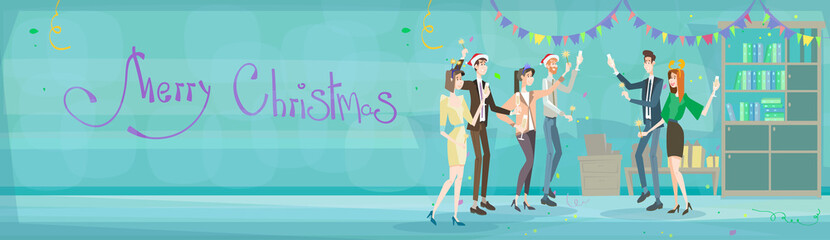 Fototapeta premium Businesspeople Celebrate Merry Christmas And Happy New Year Business People Team Santa Hat Flat Vector Illustration