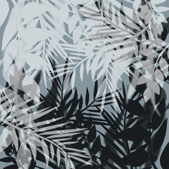 Illustration with silhouettes of tropical leaves on gray