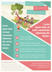 Template for advertising brochure with cute cartoon kids playing. Sports and recreation.
