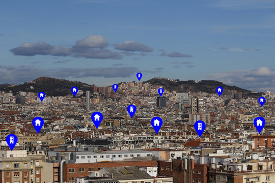 Cityscape with tags in on sale buildings and houses