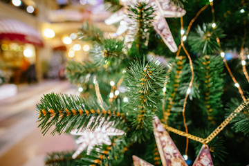 Christmas tree decoration closeup for background. New year firt branch photography