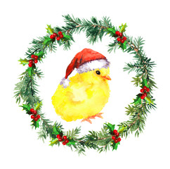 New year wreath - christmas baby chicken in red santa's hat. Watercolor bird