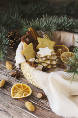 Christmas or new year gingerbread cookies in a wooden box