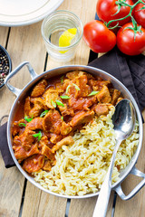 Meat pork in thick tomato gravy with pasta