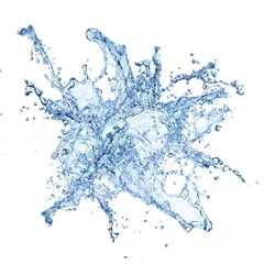 Foto op Plexiglas Blauwe water spatten geïsoleerd op een witte achtergrond © Jag_cz
