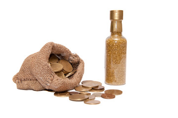 Bag with coins, a bottle with gold in gold on a white background