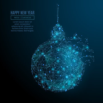 Abstract image of a new year ball in the form of a starry sky or space, consisting of points, lines, and shapes in the form of planets, stars and the universe. Christmassy vector wireframe concept.